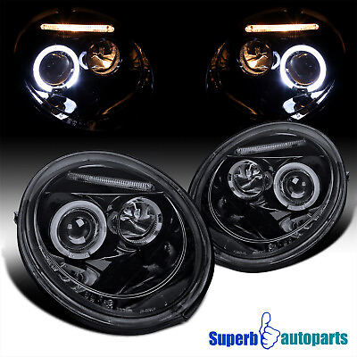 #ad Fits 1998 2005 Beetle Smoke Halo Projector Headlights Lamps Glossy Black Pair