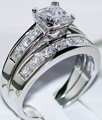 #ad 14k White Gold Sterling Princess Diamond cut Engagement Ring Wedding Set NEW $79.00