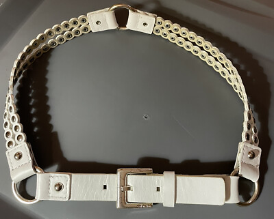 #ad Calvin Klein White Leather Studded Belt Rings Size Small Vintage 34” Length
