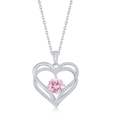 #ad Double Heart quot;Octoberquot; Birthstone CZ Pendant w Chain Pink CZ