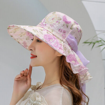 #ad Women Lace Floral Summer Wide Brim Sun Hat with Bowknot Beach Fascinator Cap