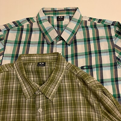 #ad Lot of 2 Oakley Large Mens Button Up Short Sleeve Shirts Plaid