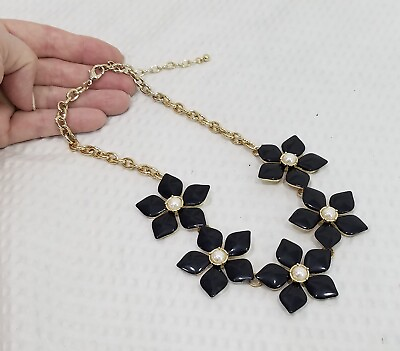 #ad New Black Enamel amp; Pearl Cabochon Gold Tone Flower Blossom Bib Choker Necklace
