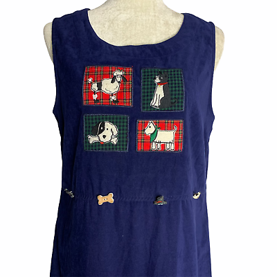 #ad Vintage Velvet Puppy Dog Dress M Blue Embroidered Applique Buttons Sleeveless