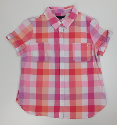 #ad Tommy Hilfiger Womens Short Sleeve Checkered Shirt Size L