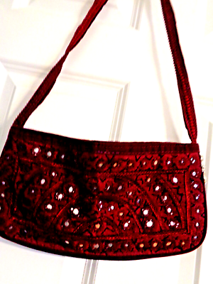 #ad Womens Hand Crafted Mirror Embroidered Red Maroon Cotton Expendable Shoulder Bag