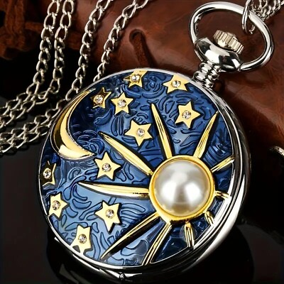 #ad Moon Sun Star Embossed Quartz Pocket Watch Vintage Necklace Chain Watch Gift New