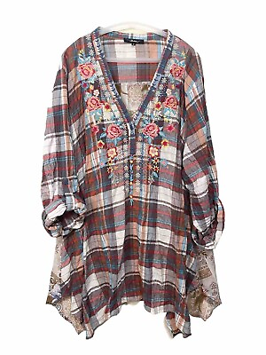 #ad Andree by Unit 2X Floral Plaid Embroidered Tunic Top Roll Tab Sleeve Mixed Print