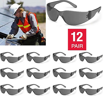 #ad 12 PAIR Pack Safety Glasses Protective Grey SMOKE Lens Sunglasses Work