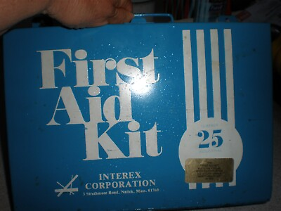 #ad Vintage Blue INDUSTRIAL FIRST AID KIT #25 metal wall box w lots of goodies 1970s