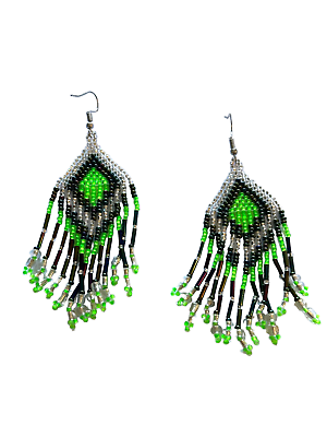 #ad Fashion Seed Bead Earrings long dangling strands green silver black