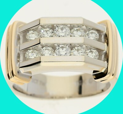 #ad Mens Diamond 2 Row Ring .98CT 14K Gold Size 8 3 4