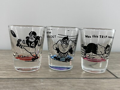 #ad Vintage Novelty Sports Cartoon Character Funny Phrases Shot Glass Set of 3 Color