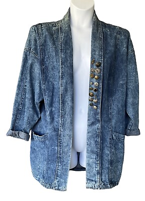 #ad Vintage Women’s Acid Wash Blue Jean Denim Blazer Pockets 80s Retro Plus Size 2X