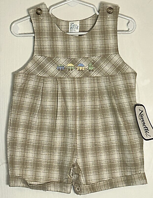#ad Nannette Baby Boy 6 9M One Piece Short Outfit Tan Plaid Embroidered Train NWT