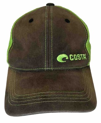 #ad Costa Del Mar Brown And Neon Green Hat Mesh back Adjustable