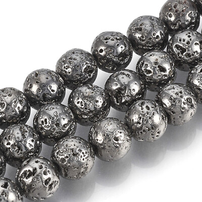 #ad 1 Strd Gunmetal Electroplated Natural Lava Round Beads Bumpy Stone Spacer 4 10mm
