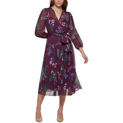 #ad Calvin Klein Womens Purple Chiffon Floral Midi Wrap Dress 2 BHFO 5716