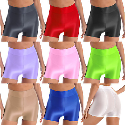 #ad US Womens Shiny Glossy Pants Stretch Athletic Shorts Yoga Sport Leggings Bottoms