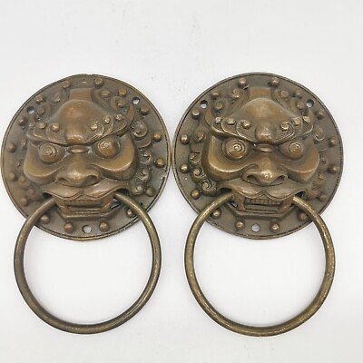 #ad A Pair Knocker Rings Ancient Chinese Lion Head Door Pulls Brass Asian Decor