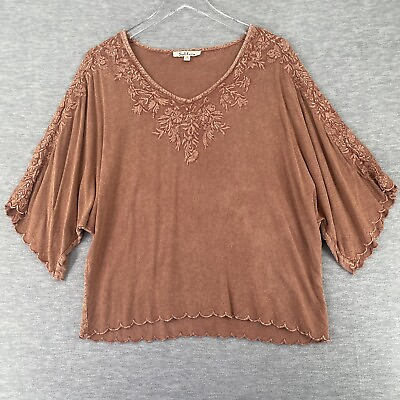 #ad Solitaire Top Womens Medium M Shirt V Neck Embroidered Brown 3 4 Sleeve Blouse