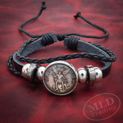 #ad Braided Leather Saint St Michael Bracelet w Hematite amp; Metal Beads Adjustable
