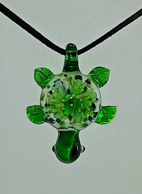 #ad Green Tortoise Pendant Necklace Large Lampwork Glass Handmade Floral Design