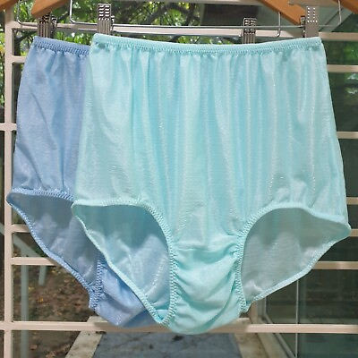 #ad Lot of 2 Double Nylon Gusset Panties Slippery Green Blue Vintage Brief Size 8 XL