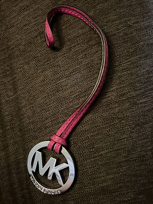 #ad Michael Kors Silver Tone MK Logo Replacement DARK PINK Leather Loop Bag Charm
