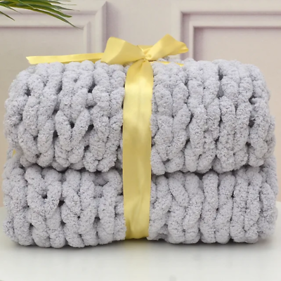 #ad Hand Chunky Knitted Blanket Handmade Coarse Wool Woven Blanket Chenille Thick Bl