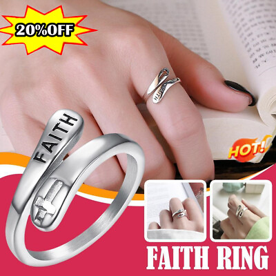#ad Faith Rings Cross Silver Women’s Stainless Steel Open Resizable XMAS Gifts USN