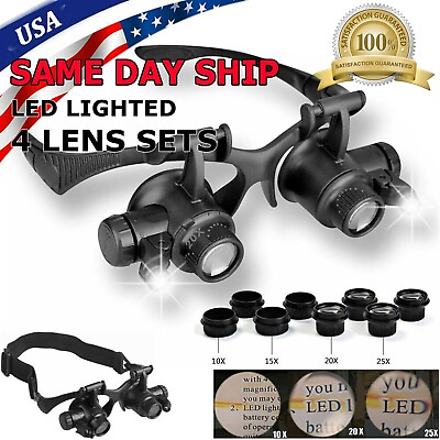 #ad 8 Lens Jewelry Watch Repair Magnifier Double Eye Loupe Glasses With LED Light US