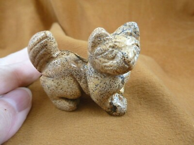 #ad Y CAT WA 719 KITTY CAT walk gemstone Tan Brown STONE carving figurine gem