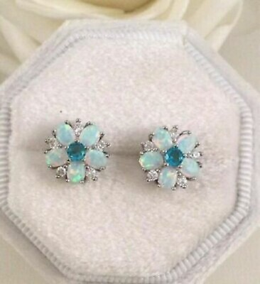 #ad Women#x27;s 2Ct Oval Cut Opals Topaz Push Back Stud Earrings in 14K White Gold Over