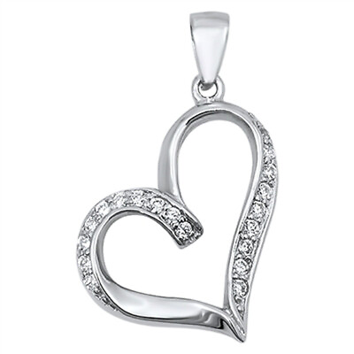 #ad Studded Promise Heart Pendant Clear Simulated CZ .925 Sterling Silver Charm