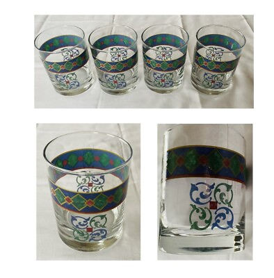 #ad VINTAGE Pfaltzgraff Whiskey Glasses 12 oz. AMALFI CLASSIC Green Blue 4 Piece Set