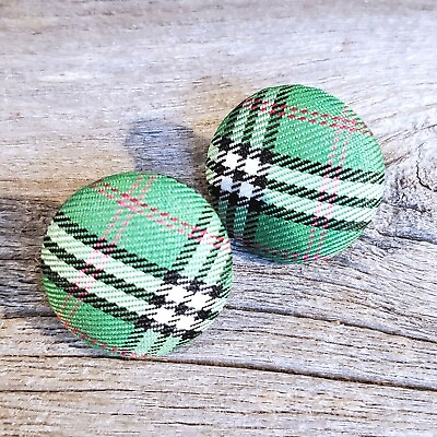 #ad Green Black White Tartan Plaid Fabric Button Earrings
