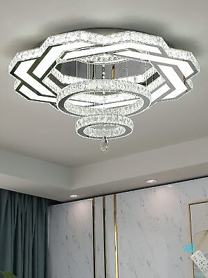 #ad W40 Modern Chandeliers Flush Mount 3 Rings Crystal Pendant W40inches Silver