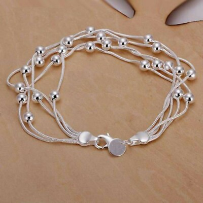 #ad Women#x27;s Sterling Silver 7quot; Multi Row Snake Chain Ball Bead Bracelet Jewelry Gift