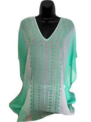 #ad Spiaggo Dolce size M white teal ombre Embroidered Sheer Cover Up Tunic Top new