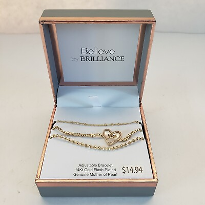#ad Believe By Brilliance Adj. Bracelet quot;Momquot; 14K Gold Flash Plated Mother of Pearl