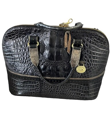 #ad Brahmin Croc Embossed Black Gold Dome Vivian Double Zip Satchel Leather SEE Wear $105.99