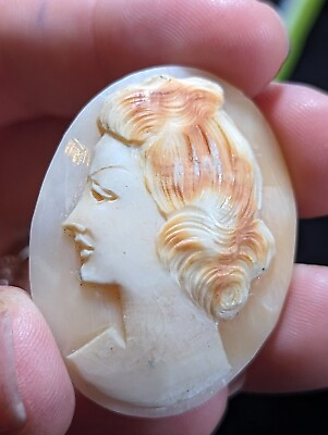 #ad Antique French Beautiful Cameo Shell Young Maiden Vintage Hand Carved Authentic