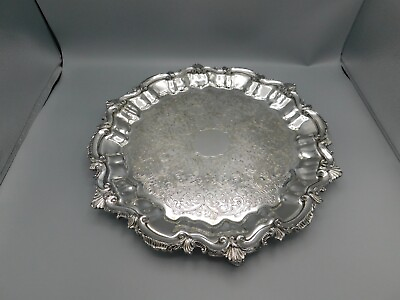 #ad Antique Sheffield Scalloped Round Silver Plate Shell design Tray Platter 15quot;