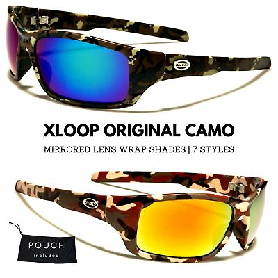 #ad Mens Xloop Camo Camouflage Wrap Sports Hunting Military Mirrored Lens Sunglasses