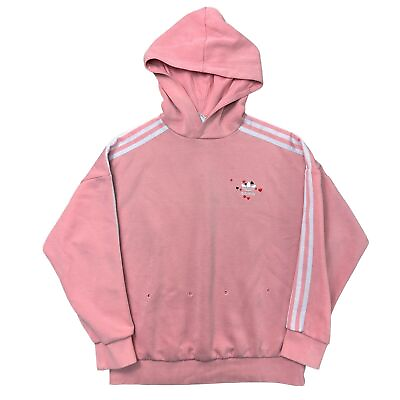 #ad Adidas Hoodie Pullover Hearts Oversized Big Logo Y2K Pink White Womens UK 8