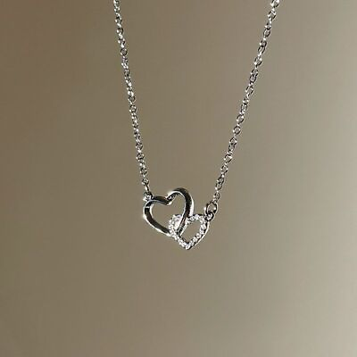 #ad Fashion Silver Plated Crystal Double Heart Necklace Clavicle Chain Women Jewelry