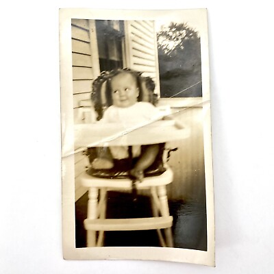 #ad Vintage Photo Baby Making Funny Face In High Chair On Porch Troublemaker Funny $8.79