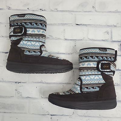 #ad Skechers Womens Tone Up Boots 8 Knit Brown Blue White Mid Calf Winter Sweater