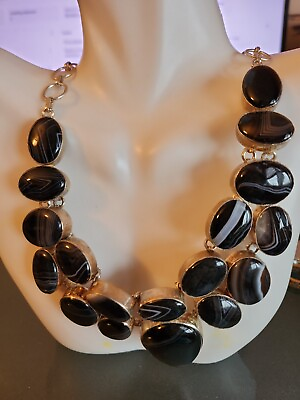 #ad Real Black Stones 660ct Bib Sterling Silver 925 110g Necklace up to 20quot; NWOT